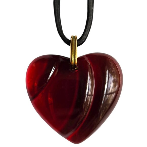 Baccarat Red Crystal Heart Pendant Necklace Black Satin Cord Gold Tone Accents - Picture 2 of 6